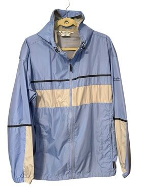Columbia Women’s Light Blue & Cream Packable Vented Hooded Windbreaker Zip Up XL